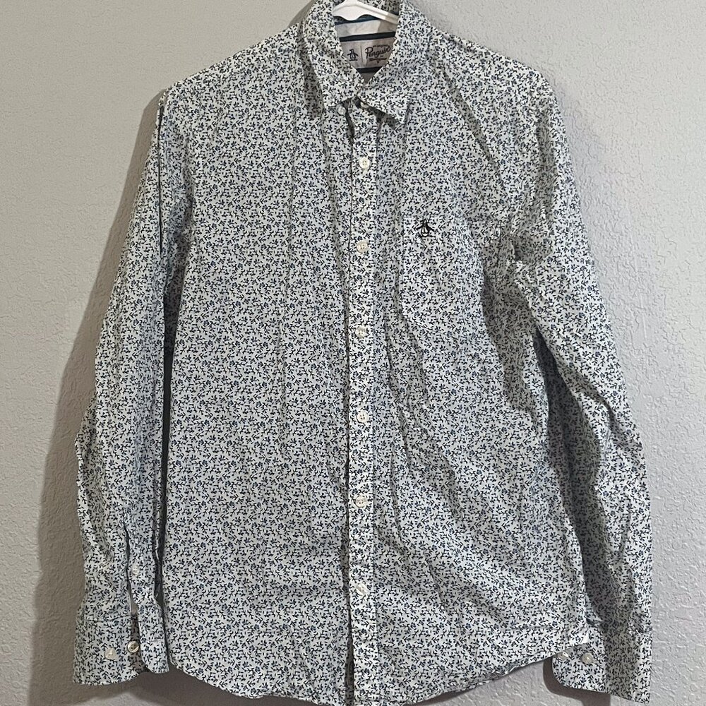 Penguin White Flowered Long Sleeve Shirt, Size Small